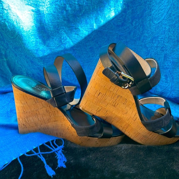 Coach Charla Wedges Black Leather Signature Fabric Platform Cork Sandals Size 8 - Picture 2 of 7